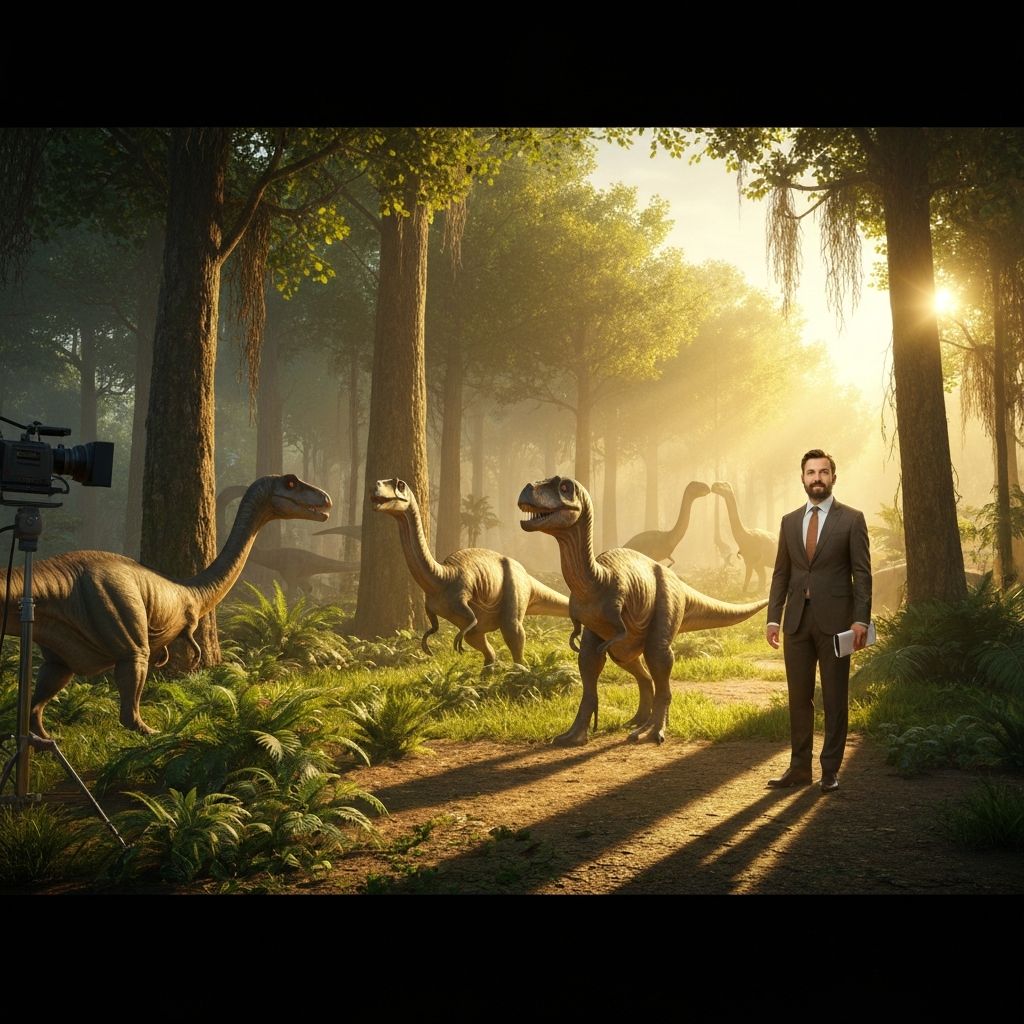 Dinosaur forest scene with dramatic film set lighting