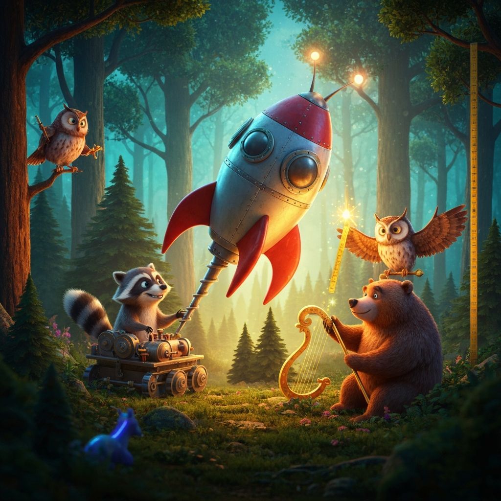 Fantasy scene with space rocket and forest animals